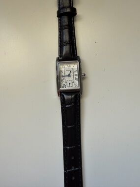 Women’s tank watch silver black leather band